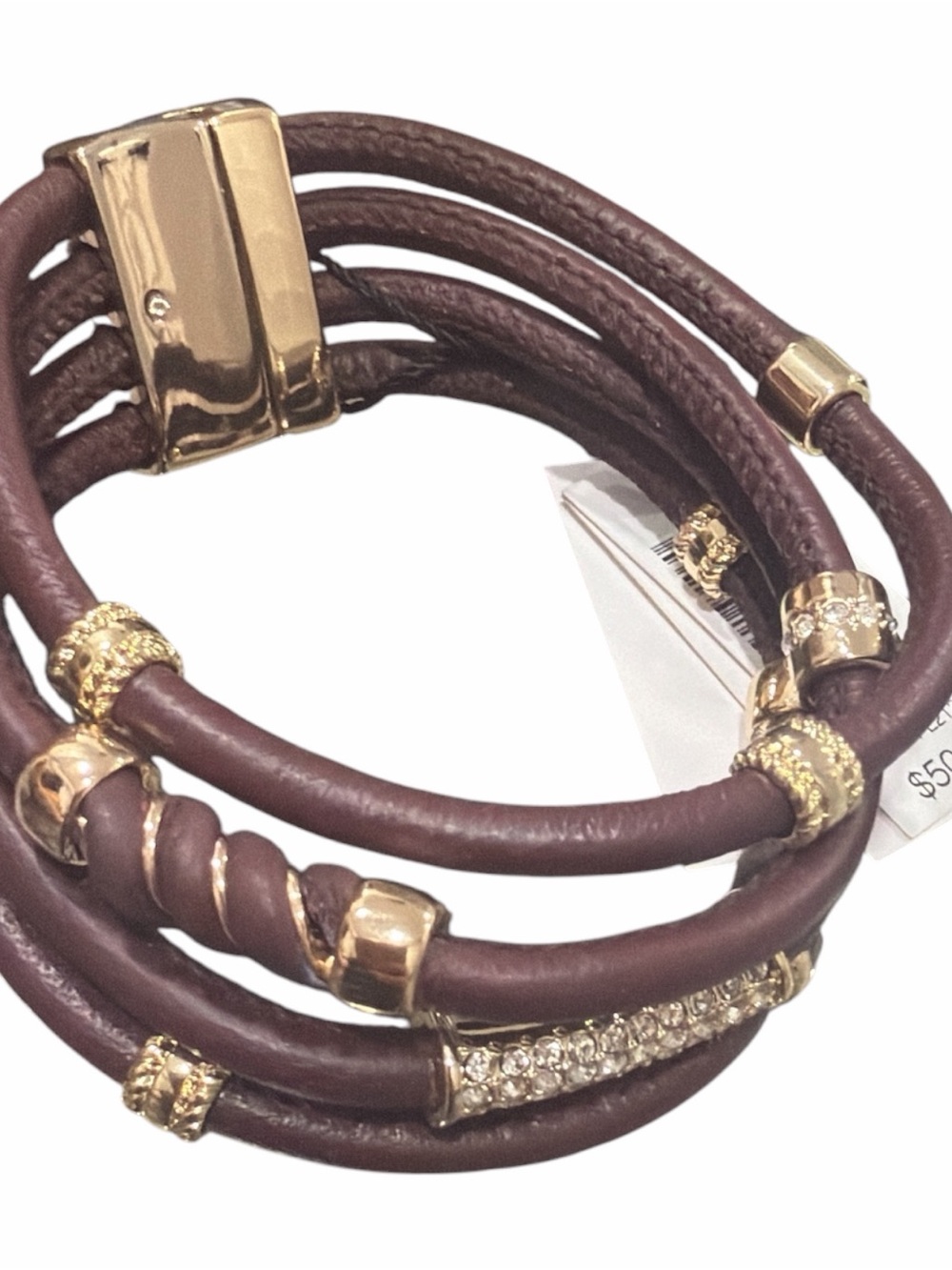 White House Black Market Maroon Leather Multi-Strand Bracelet with Gold 178